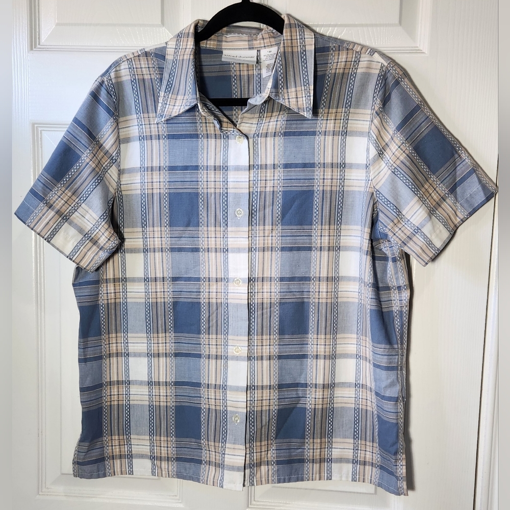 Alfred Dunner blue tan button down blouse women's size 14p